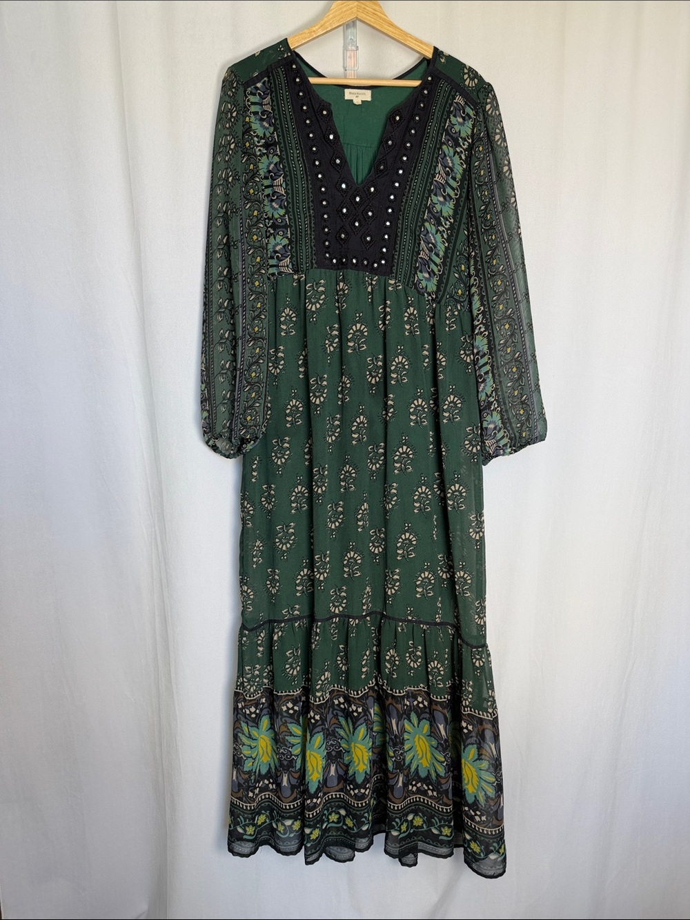 Cost Plus Boho Green Printed Tiered Maxi Dress Embellished Yoke Size L/XL Sheer - Picture 2 of 10